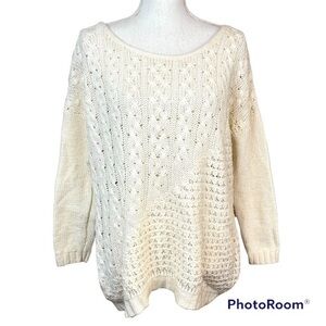 Lucky Brand Off White Wool Blend Casual Soft Woven Knit Lightweight Sweater L